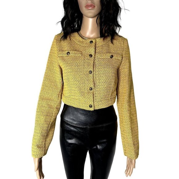 ZARA NWT Cropped Textured Weave Blazer Bronze Buttons Mustard Yellow Size M - Picture 1 of 8
